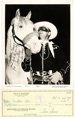 LONE RANGER BRACE BEEMER SIGNED PHOTO & CHECK.