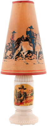 "HOPALONG CASSIDY" GLASS LAMP WITH SHADE.