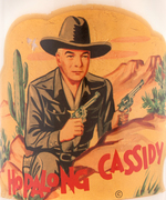 "HOPALONG CASSIDY" GLASS LAMP WITH SHADE.