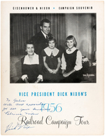 DICK AND PAT NIXON SIGNED "VICE PRESIDENT DICK NIXON'S 1956 RAILROAD CAMPAIGN TOUR" MENU.