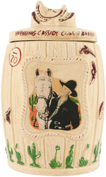 "HOPALONG CASSIDY COOKIE BARREL" COOKIE JAR WITH SADDLE LID.