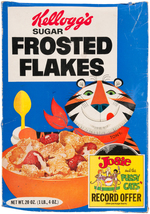 KELLOGG'S "FROSTED FLAKES" CEREAL BOX WITH "JOSIE AND THE PUSSY CATS" RECORD OFFER.