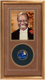 LOUIS ARMSTRONG SIGNED & FRAMED RECORD DISPLAY.