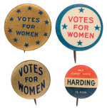 THREE WOMEN'S SUFFRAGE BUTTONS AND 1920 "MY FIRST VOTE IS FOR HARDING" CAMPAIGN BUTTON.