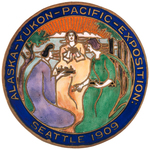 ALASKA-YUKON-PACIFIC 1909 EXPO FABULOUS ENAMEL LOGO ON BRASS WITH SHANK REVERSE.