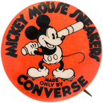 MICKEY MOUSE SNEAKERS BY CONVERSE  RARE & VERY GRAPHIC BASEBALL THEMED 1934 BUTTON.