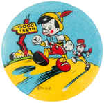 DRAMATICALLY COLORED 1940 DENTIST GIVEAWAY BUTTON SHOWS PINOCCHIO AND JC ON ROAD TO "GOOD TEETH".