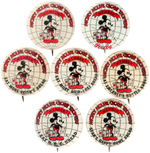 MICKEY MOUSE SEVEN DIFFERENT GLOBETROTTER CLUB MEMBER BUTTONS FROM THE LATE 1930s.