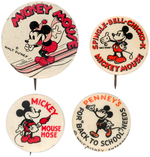 MICKEY MOUSE THREE EARLY 1930s AD BUTTONS AND 1933 MICKEY MAGAZINE PREMIUM BUTTON IN USE TWO MONTHS.