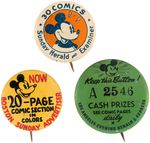 MICKEY MOUSE THREE NEWSPAPER COMIC STRIP LITHO AD BUTTONS FROM THE 1930s.