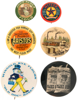 SIX EARLY GRAPHIC BUTTONS ADVERTISING WHEAT AND FLOUR C. 1900-1915.