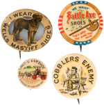 FOUR EARLY, GRAPHIC AND SCARCE SHOE RELATED BUTTONS.