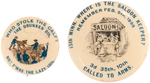 TWO RARE SPANISH WAR 1898 BUTTONS REFERENCING A PRANK AND A MURDER.