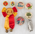 CALIFORNIA 1896-1911 SEVEN GRAPHIC PLACES/EVENTS BUTTONS AND LAPEL STUD.