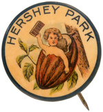 EARLIEST KNOWN AND RARE HERSHEY PARK BUTTON WITH YOUNGSTER HOLDING FIVE-SECTION CHOCOLATE BAR.