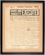 SEVEN SACCO AND VANZETTI ARTIFACTS INCLUDING NEWSPAPER, BUTTONS, PHOTO AND MORE.