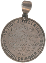 CHAMPION DRUMMER 1868 SILVER MEDAL PRESENTED TO CIVIL WAR MUSICIAN.