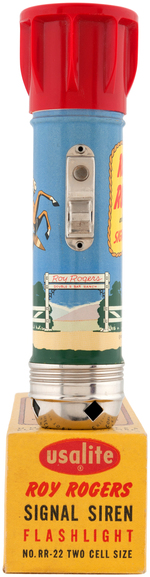 "ROY ROGERS SIGNAL SIREN FLASHLIGHT" BOXED EXAMPLE WITH STORE DISPLAY.