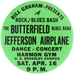 "BILL GRAHAM ROCK/BLUES BASH" SCARCE JEFFERSON AIRPLANE CONCERT BUTTON (COLOR VARIETY).