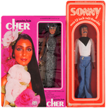 SONNY AND CHER MEGO BOXED DOLLS WITH EIGHT GREEN BOXED OUTFITS.