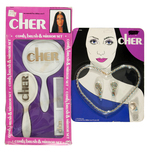 CHER MEGO CARDED JEWELRY SET, COMB AND BRUSH MIRROR SET, TOTE BAG TRIO.