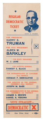 PENNSYLVANIA 1948 DEMOCRATIC POLL CARD WITH TRUMAN PORTRAIT.