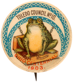 OHIO 1903 CENTENNIAL GIANT FROG IN SUITCASE COMMERCIAL TRAVELERS BUTTON.