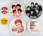 BEATLES, STONES, BYRDS, MONKEES GROUP OF SIX SCARCE VINTAGE BUTTONS.