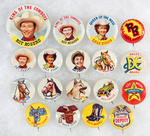 ROY ROGERS COMPLETE 1953 BUTTON SET & POST TOASTIES CEREAL BOX WRAPPER.