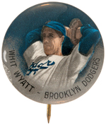 RARE BROOKLYN DODGERS PLAYER WHIT WYATT FULL COLOR PHOTO BUTTON.