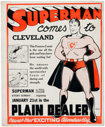 "SUPERMAN" PROMOTIONAL SIGN ANNOUNCING 1940 SUNDAY PAGE DEBUT IN CLEVELAND "PLAIN DEALER" NEWSPAPER.