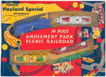 1950s CONSTRUCTION VEHICLES & AMUSEMENT PARK RAILROAD BOXED TRIO.