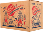 "GALAXY" SPACEMEN SOFT DRINK SYRUP BOTTLES WITH SHIPPING CARTON.