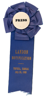 "LANDON NOTIFICATION" RIBBON BADGE WITH "PRESS" BUTTON.