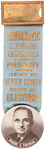 TRUMAN 1948 "BERGEN COUNTY" NEW JERSEY "PRIMARY" RIBBON BADGE.