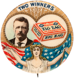 OUTSTANDING ROOSEVELT "ZIG ZAG" 'TWO WINNERS" ADVERTISING BUTTON.