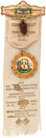 ST. LOUIS 1904 EXPOSITION RARE CONNECTICUT STATE ELABORATE RIBBON BADGE.