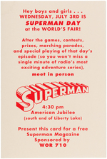 "SUPERMAN DAY" 1940 NEW YORK WORLD'S FAIR PROMOTIONAL CARD.