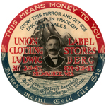 FOUR ADVERTSING MIRRORS: HATS, UNION LABEL CLOTHING, JEWELER, FUR SHOP C. 1910-1930.