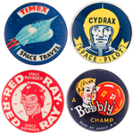 ENGLISH 1950s SPACE THEME AND BUBBLE GUM CLUB BUTTONS INCLUDING TIMEX WATCHES.