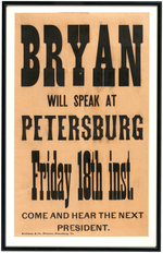 RARE "BRYAN WILL SPEAK AT PARKERSBURG" VIRGINIA CAMPAIGN BROADSIDE.