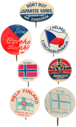 PRE-PEARL HARBOR ANTI JAPAN BUTTON AND SIX FOR RELIEF IN EUROPEAN COUNTRIES.