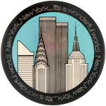 TWIN TOWERS ON RARE 1979 GIMBEL'S ISSUED ICONIC NYC BUILDINGS BIG 4" BUTTON.