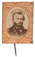 "GEN. U.S. GRANT" STRIKING PORTRAIT BADGE IN GILT BRASS FRAME.