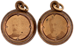 CLEVELAND/HENDRICKS AND BLAINE/LOGAN PAIR OF TWO SIDED HANGING 1884 PORTRAIT BADGES.
