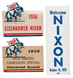 PAIR OF 1956 CAMPAIGN BADGES AND "WELCOME NIXON OCTOBER 16, 1956" RIBBON FROM INDIANA EVENT.