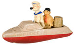 “SOAPY POPEYE” FIGURAL SOAP SET IN MOLDED CARDBOARD SPEEDBOAT.