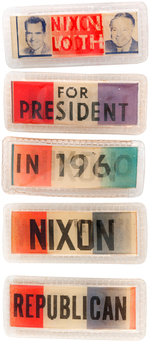 FIVE 1960 NIXON FLASHER BADGES INCLUDING NIXON/LODGE JUGATE.