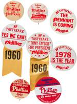 PHILLIES SIX TASTYKAKE AD BUTTONS PLUS TWO OTHERS, ALL MUCHINSKY BOOK PHOTO SPECIMENS.