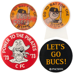 PIRATES TWO VERSIONS HILLS COFFEE FLASHERS AND TWO MUCHINSKY BOOK PHOTO SPECIMEN AD BUTTONS.